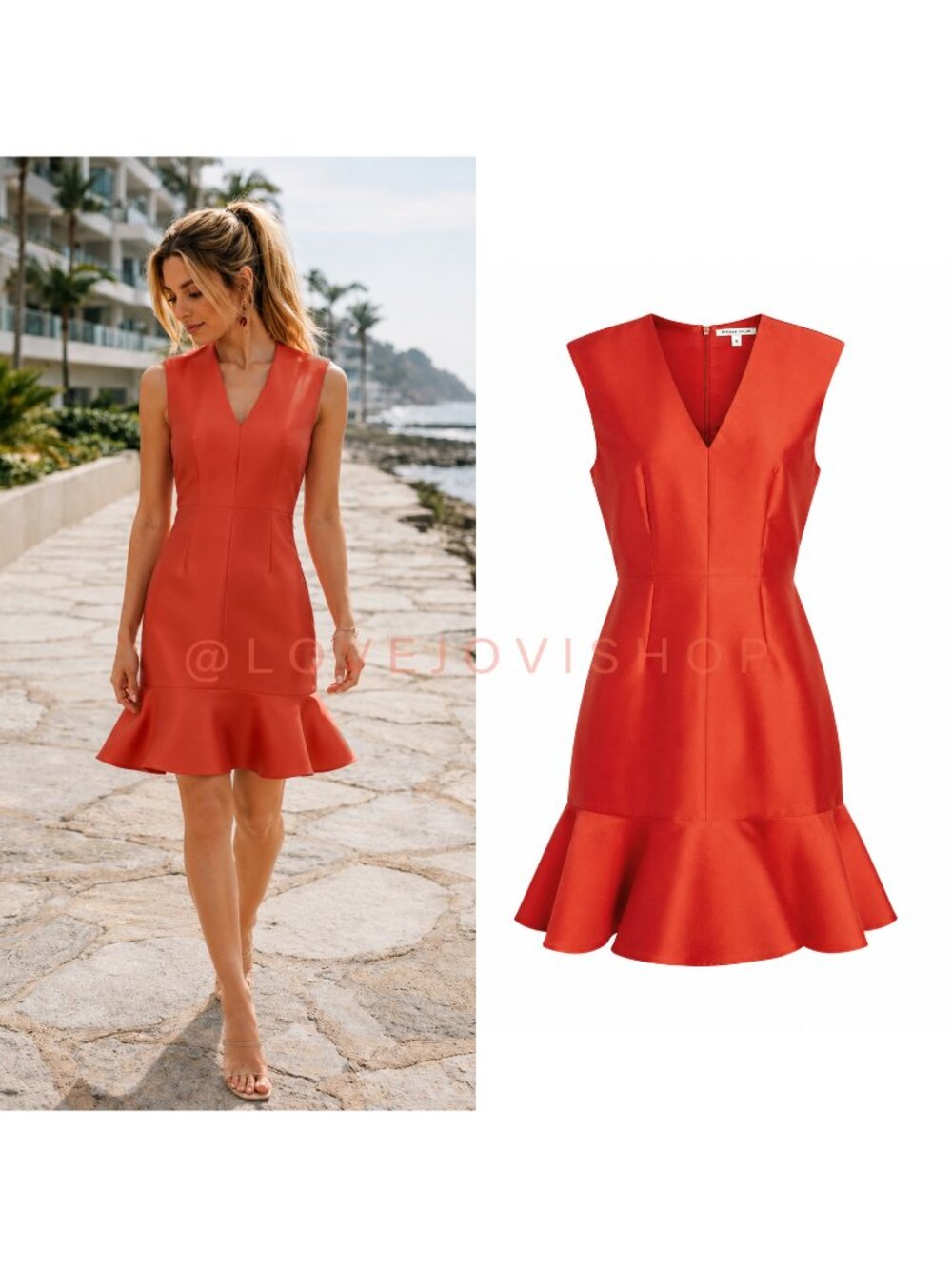 Dress | Carven Silk Blend Satin Ruffle Hem Mini Dress Deep Coral Red V Neck | 12